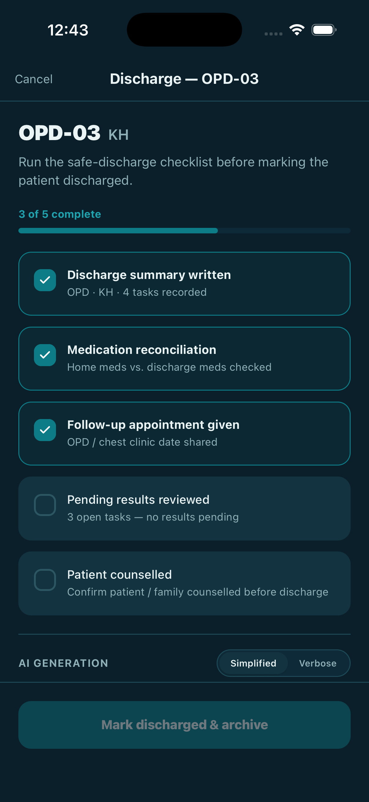 Discharge checklist — nothing missed before sign-off